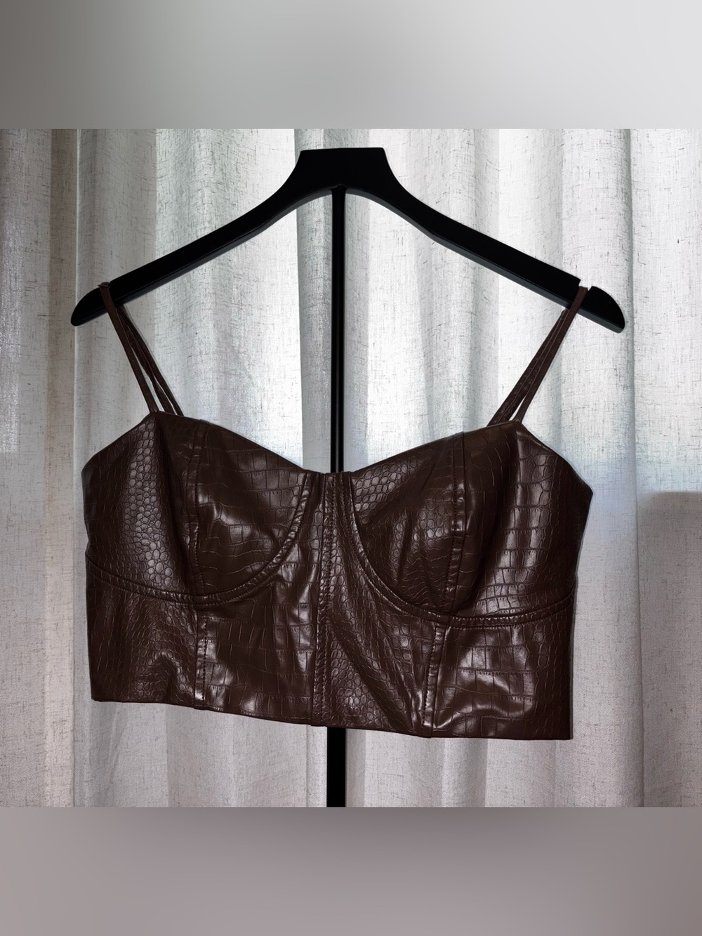 Express Croc-Embossed Faux Leather Bustier Top - Brown